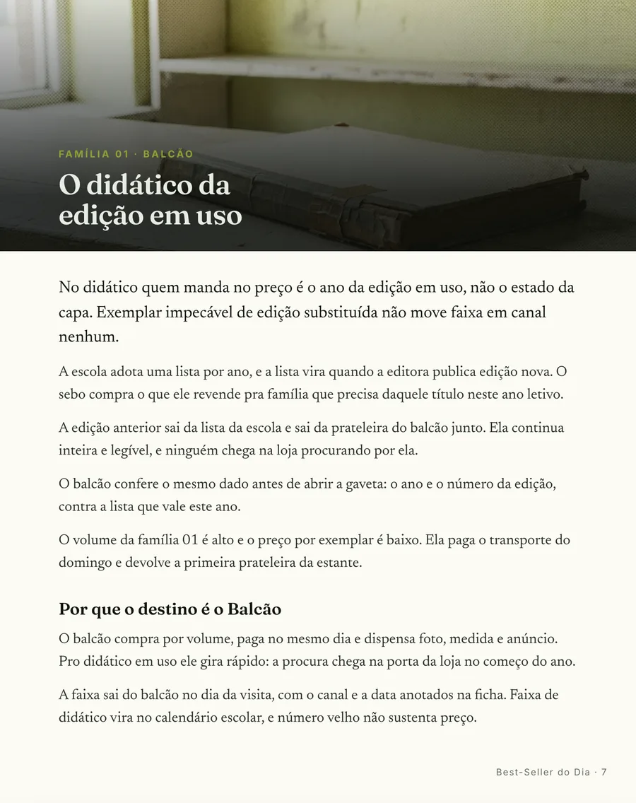 Abertura de família: Cada família abre em cena, do didático da edição em uso ao título que a editora parou de imprimir